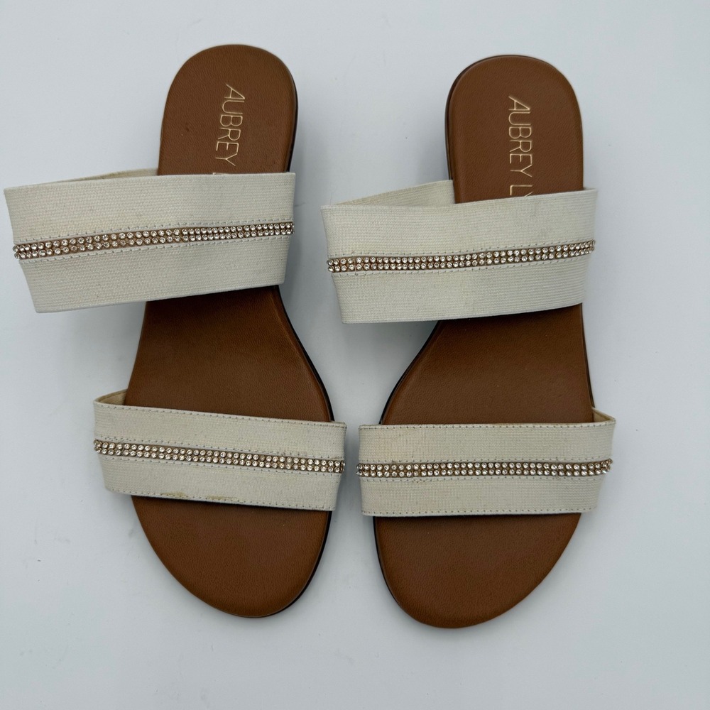 Aubrey Lynn Cream Wedge Sandals Rhinestone Embellished Slip On Open Toe Sz 7.5‎